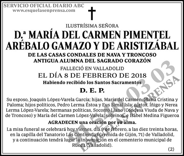 María del Carmen Pimentel Arébalo Gamazo y de Aristizábal